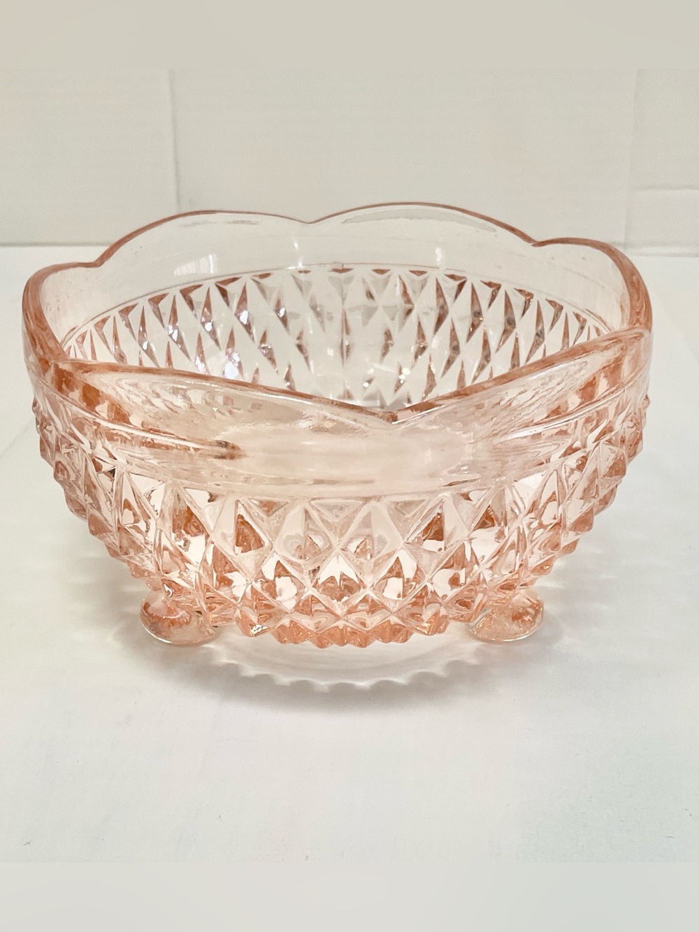 Indian Glass Vintage Pink 3 Footed Glass Bowl great condition